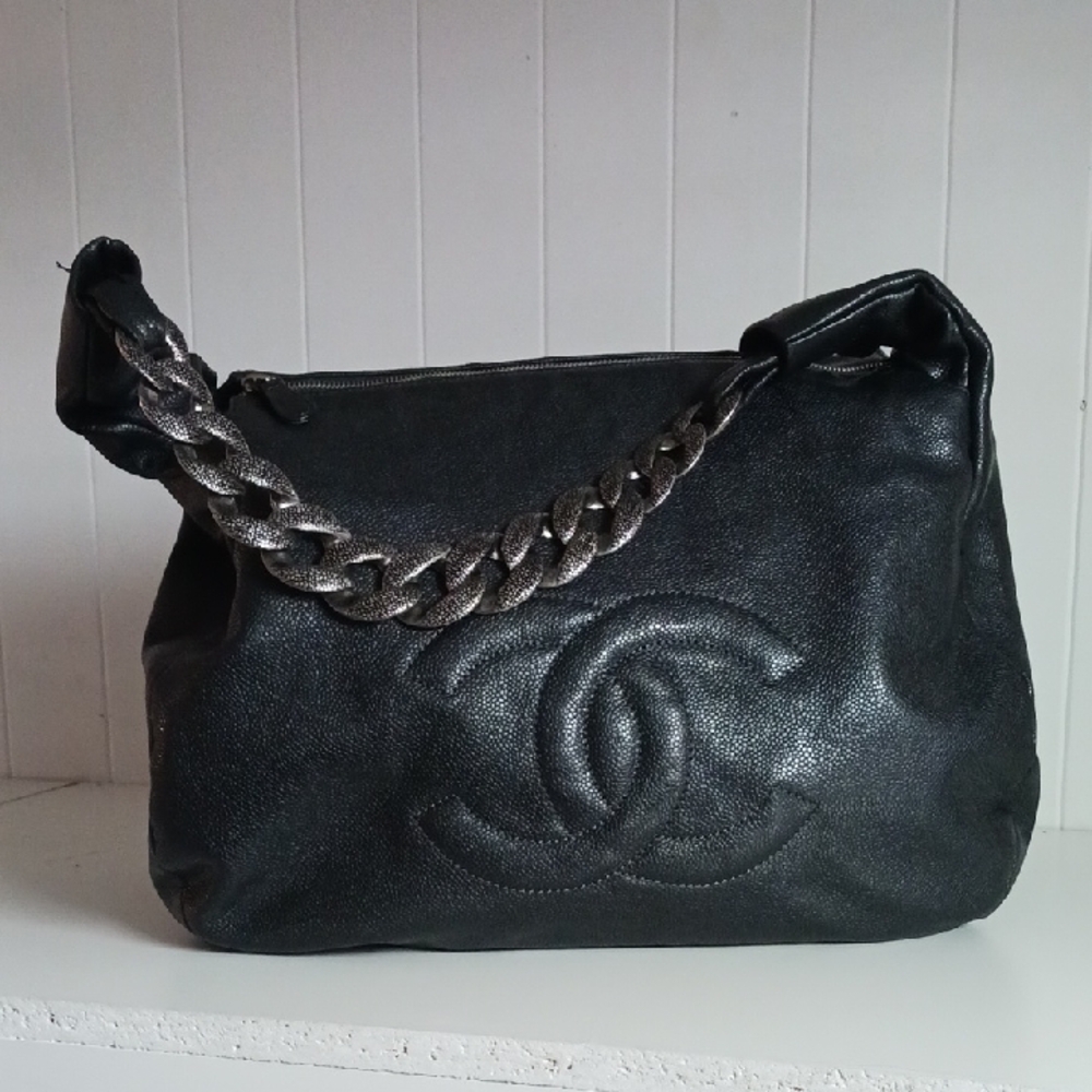 Chanel Black Caviar Leather Hobo W Chain Strap Bag.